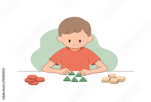 Soft child learns shapes at a table, round tokens grouped by form, small hands arranging pieces with quiet focus. | learning