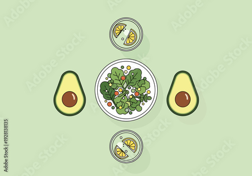 Healthy Avocado Salad Arrangement With Refreshing Drinks On Light Green Background Flat Lay Food Concept
