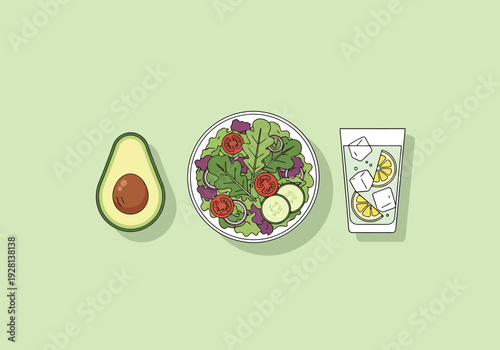 Healthy Meal Preparation With Fresh Greens Avocado and Refreshing Citrus Drink on Light Green Background Offering Balanced Nutrition and Hydration