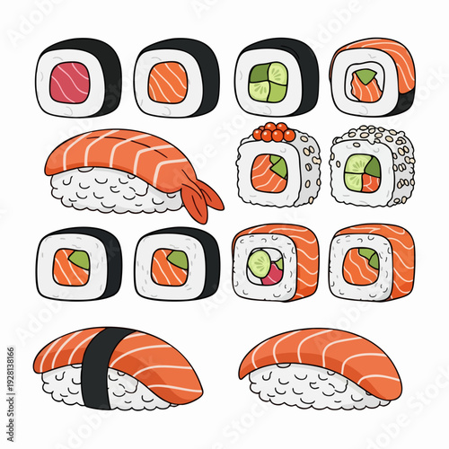 Illustration of assorted sushi rolls and nigiri with salmon tuna and cucumber in a cartoon vector style for Japanese cuisine design