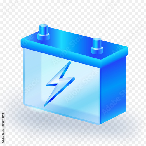 3D Vector illustration of a blue glass electric car battery with a lightning bolt symbol, representing energy storage, power supply, and automotive charging technology. Vector illustration.