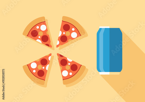 Top View Of Sliced Pizza And Beverage Can On Yellow Background Food Combination For Meal Or Snack Time