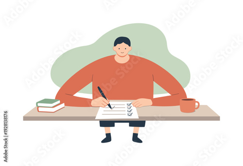 Quiet person prepares a checklist at a desk, items reviewed one by one, pen ticking boxes, order emerging calmly. | checklist,