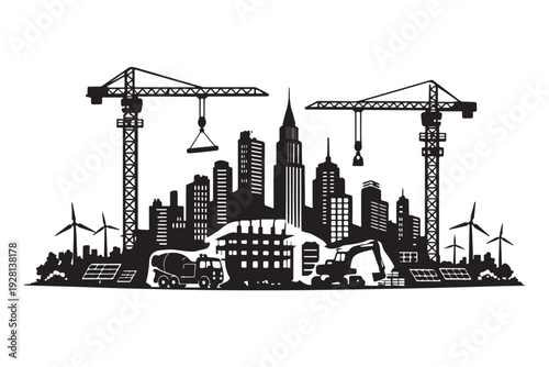 Urban Development Silhouette, Vector Illustration, Isolated on White Background