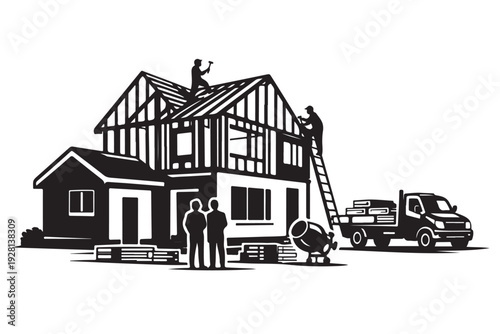 Residential Construction Silhouette, Vector Illustration, Isolated on White Background