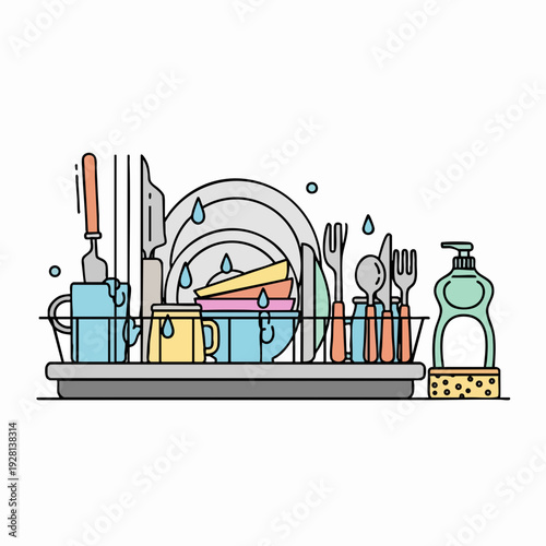 Illustration of dishes drying on a rack with soap and sponge set of cutlery clean tableware kitchen utensils vector art