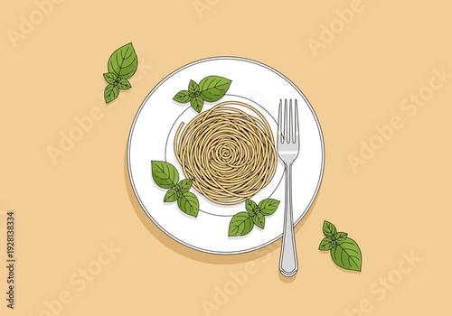 Simple Meal Preparation Visual With Whole Wheat Spaghetti And Fresh Basil Leaves Arranged Artistically On A White Plate Alongside A Silver Fork For