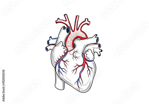 Stylized handdrawn illustration of the anterior view of the human heart with coronary vessels