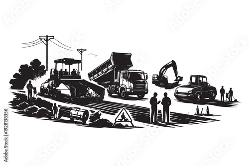 Road Construction Scene Silhouette, Vector Illustration, Isolated on White Background