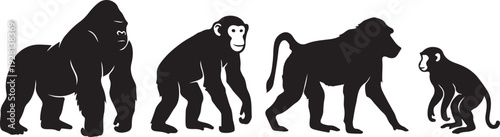 Jungle Monkey Silhouette Collection with Gorilla, Chimpanzee, Baboon and Macaque.