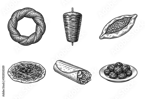 Traditional Turkish and Middle Eastern street food collection featuring hand drawn engraving style illustrations of kebab, simit, pide, and lahmacun on white