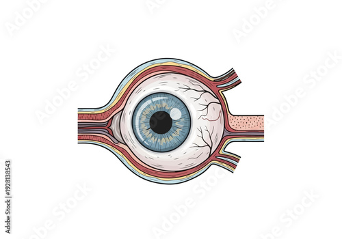 Crosssection illustration of a human eyeball structure showing outer layers and optic nerve exit