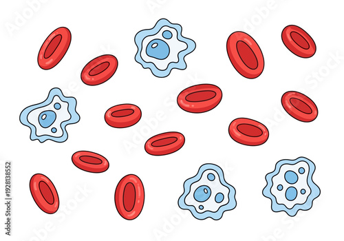 Cartoon depiction of red and white blood cells on a white background