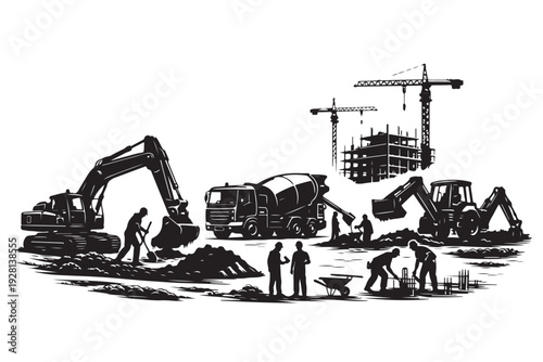 Construction Site Process Silhouette, Vector Illustration, Isolated on White Background
