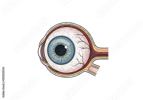 Crosssection diagram of the human eyeball showing internal structures and external layers