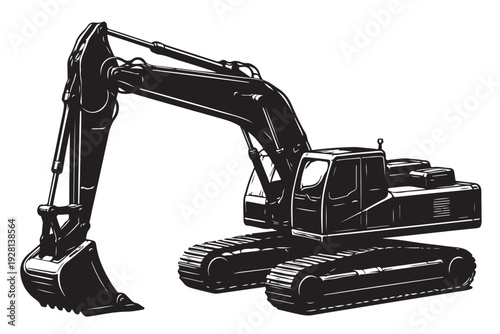 Excavator Silhouette Side View, Vector Illustration, Isolated on White Background