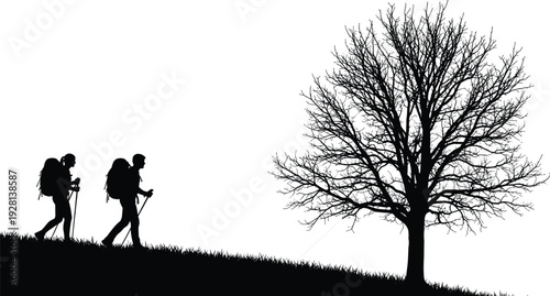 Hiking Silhouette of Couple with Backpacks Walking Past Bare Tree, Outdoor Adventure Trekking Scene, Nature Trail Exploration for Commercial Graphic Design. (20 words)