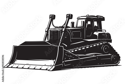 Bulldozer Silhouette Side View, Vector Illustration, Isolated on White Background
