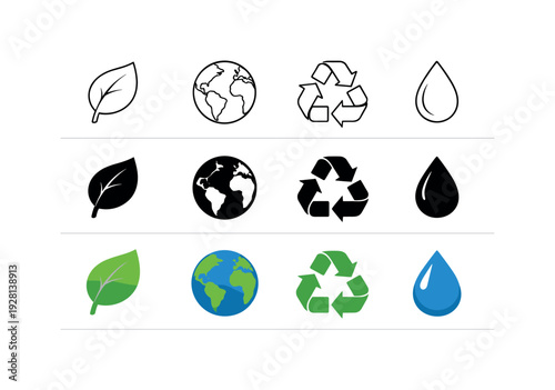 Leaf representing nature, globe for the planet, recycle symbol for sustainability, and water drop for conservation. Compose a