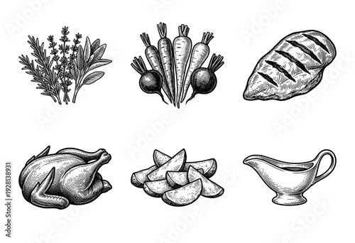 Vintage woodcut style collection of roast chicken, grilled steak, root vegetables, herbs, potato wedges, and gravy boat illustrations.