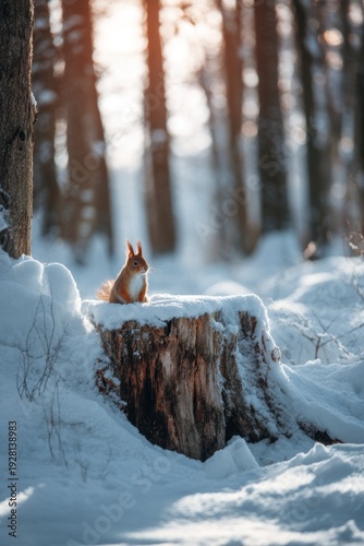 Wallpaper Mural Spring snow ice thaw, end of Winter Season, hope, fresh start. A red squirrel perched atop a snowcovered tree stump in a winter forest. The squirrel is surrounded by a blanket of white snow. Torontodigital.ca