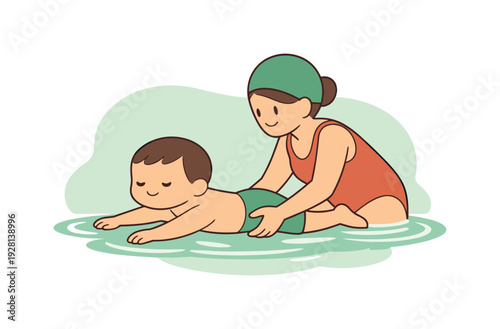 Calm child learns to swim with support, posture steady as the helper holds firmly and ripples spread slowly | child learning swim
