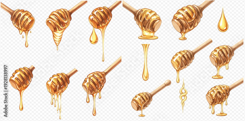 Set of honey dippers with golden honey dripping, a sweet and natural food ingredient.