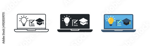 Everyday learning scene illustrated by a laptop with an open screen displaying simple study symbols, representing modern