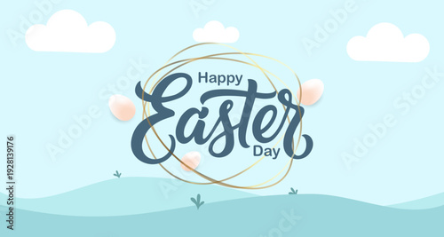 Happy Easter Day Lettering on Blue Landscape with Pastel Eggs and Gold Circles