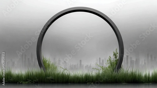 Modern abstract art with a dark circular structure with grass, cityscape, and fog