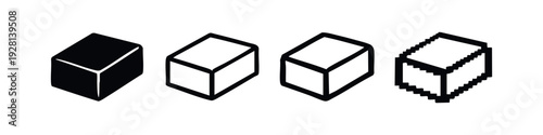Isometric Cube Icon Set with Solid, Outline, and Pixel Art Styles