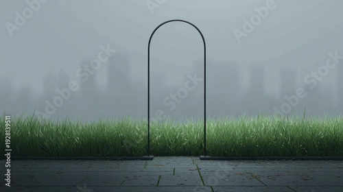 Black archway against a hazy city background, framed by grass and a paved surface