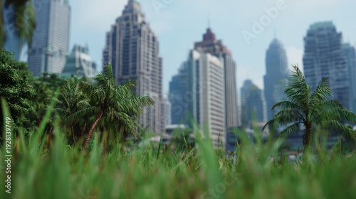 Lush foreground with grass and palms, focused on skyscrapers in the blurred background