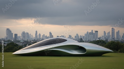 Futuristic, streamlined vehicle design rests on grass, city skyline in the background, under cloudy sky