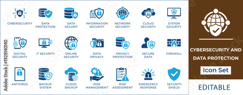 Cybersecurity and data protection icon set featuring network security, digital privacy, cloud safety, antivirus, firewall, information security, and risk assessment symbols.