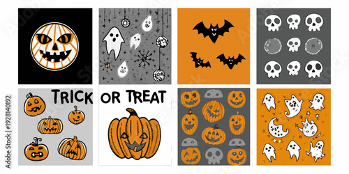 A collection of halloween themed patterns featuring ghosts pumpkins and bats