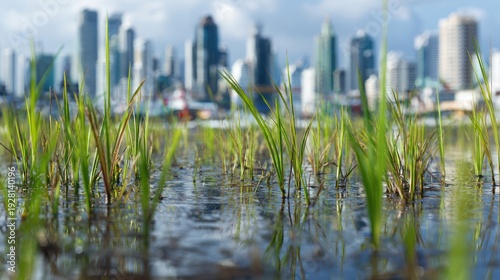 Close-up of rice sprouts in a flooded field with a blurred urban cityscape in the background