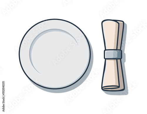 Simple illustration of a white plate and a rolled napkin with a napkin ring