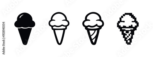 Simple Ice Cream Scoop Cone Icons: Solid, Outline, Sketch, and Pixel Art Styles
