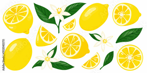 Bright yellow lemons blossoms and leaves in a vibrant arrangement