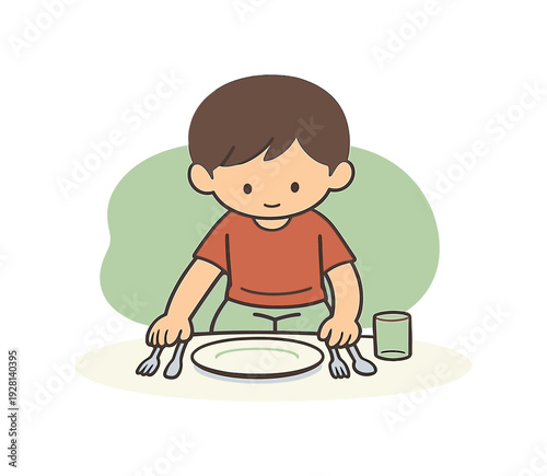 Calm child sets the table for dinner, aligning forks and spoons with care before eating at home on clean floor today quietly now!