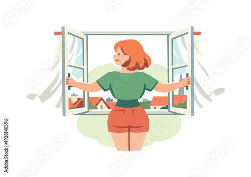 Sunny person opens a window letting fresh air inside, curtains sway gently, city roofs visible beyond glass frame. softly moving