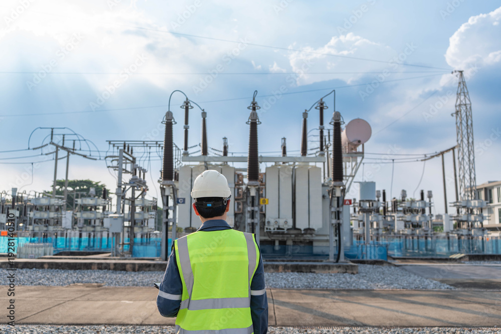 Obraz premium Engineer observing power transformer at electrical substation, assessing equipment condition and grid performance during routine inspection for energy reliability and operational safety.