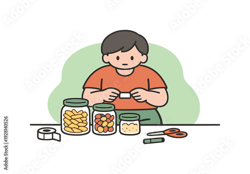 Fresh person labels containers on a counter, aligning jars neatly while hands apply small tags and tools rest nearby. | labeling