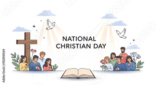 National Christian Day Vector Illustration with People Praying, Cross, Bible, Doves, and Peaceful Worship Scene