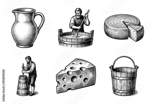 Vintage engraving collection of traditional dairy production featuring cheesemakers, wooden churns, rustic pails, and artisan cheese wheels in a classic woodcut style.