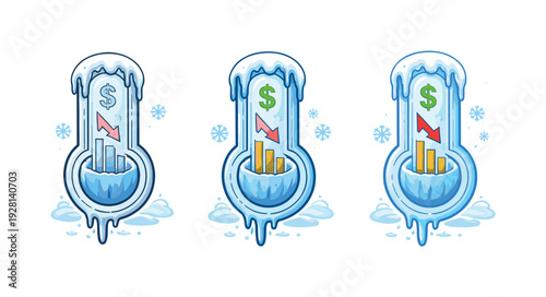 Chilling economy metaphor visualized as a symbolic cooling mark where financial symbols suggest shrinking demand and restraint,