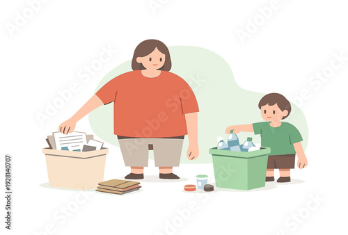 Quiet family gathers indoors sorting paper and plastic waste into separate bins while hands move slowly and items stack neatly