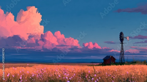 Field and windmill with fluffy pink clouds at sunset