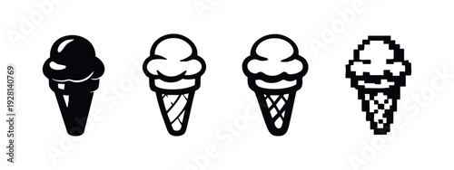 Simple Ice Cream Scoop Cone Icons: Solid, Outline, Sketch, and Pixel Art Styles